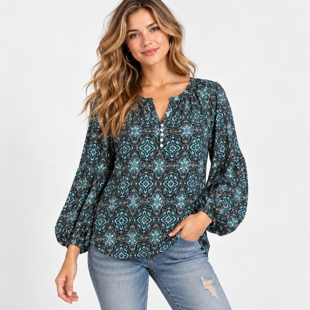 J. Jill Rayon Medallion Shirred Blouse Women's Size M Black Blue Floral Boho